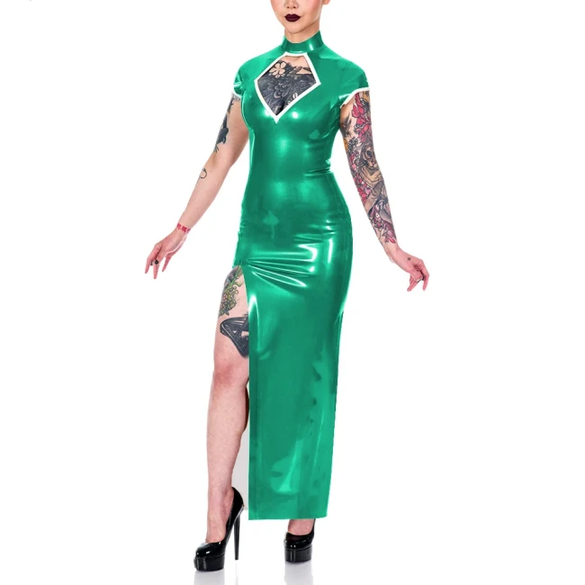 Elegance Short Sleeve Summer Dress Shiny PVC Leather Mock Neck Front Slit Sexy Dress Faux Leather Women Maxi Dress Party Vestido