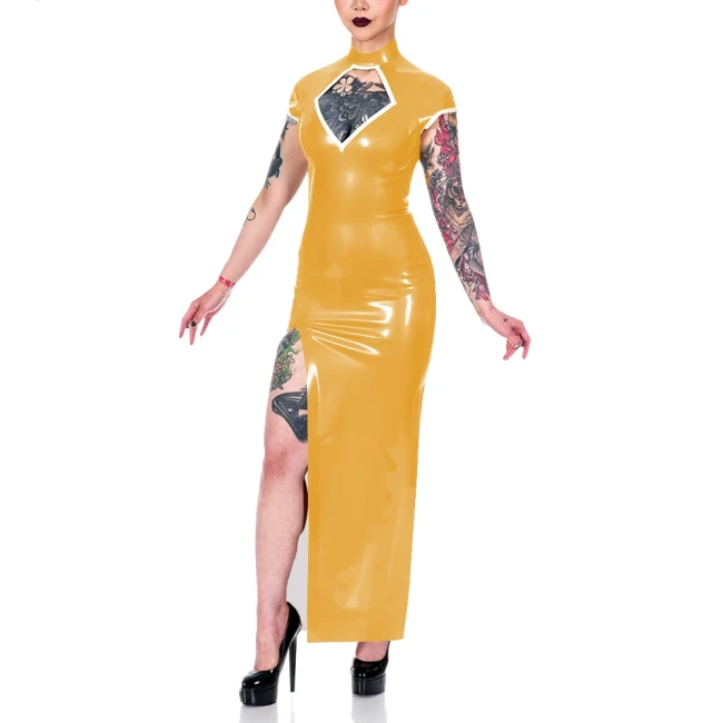 Elegance Short Sleeve Summer Dress Shiny PVC Leather Mock Neck Front Slit Sexy Dress Faux Leather Women Maxi Dress Party Vestido