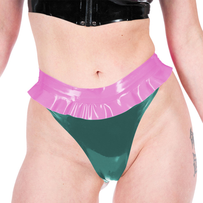 Women Sexy Thongs Fashion Patchwork Ruched Hems Lingerie Shiny PVC Leather Underwear Ravely Party Stage Pole Dance Panties 7XL
