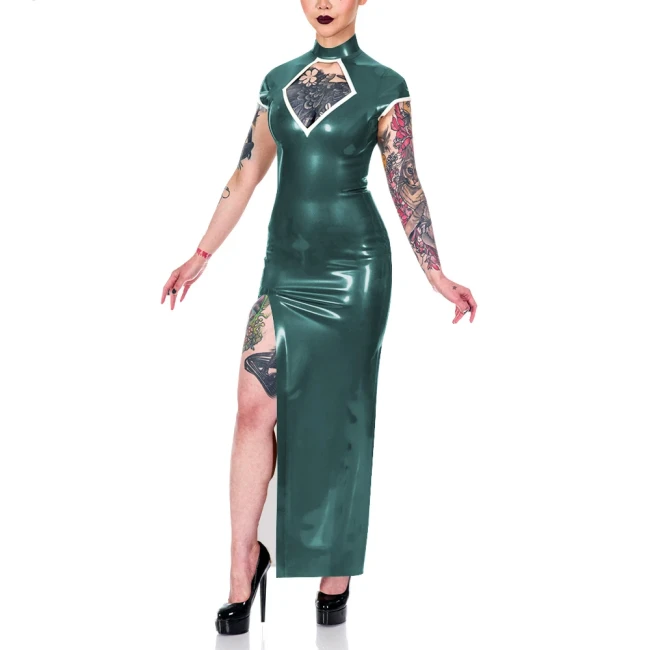 Elegance Short Sleeve Summer Dress Shiny PVC Leather Mock Neck Front Slit Sexy Dress Faux Leather Women Maxi Dress Party Vestido