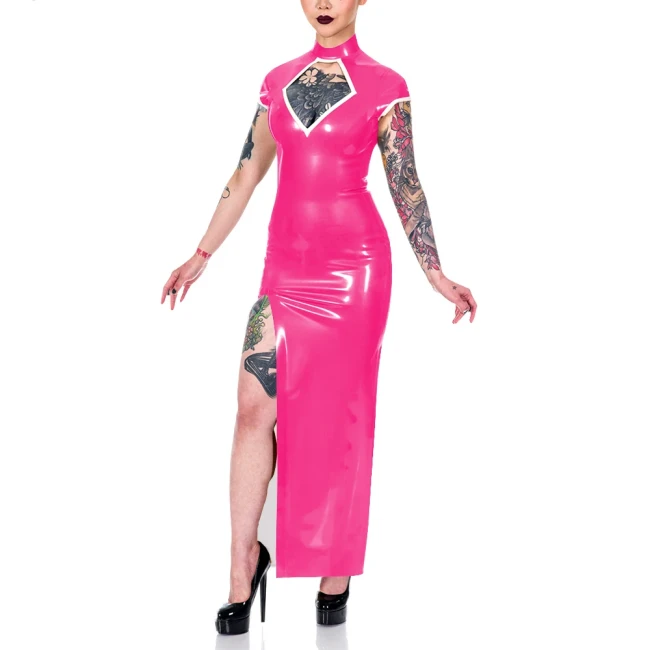 Elegance Short Sleeve Summer Dress Shiny PVC Leather Mock Neck Front Slit Sexy Dress Faux Leather Women Maxi Dress Party Vestido