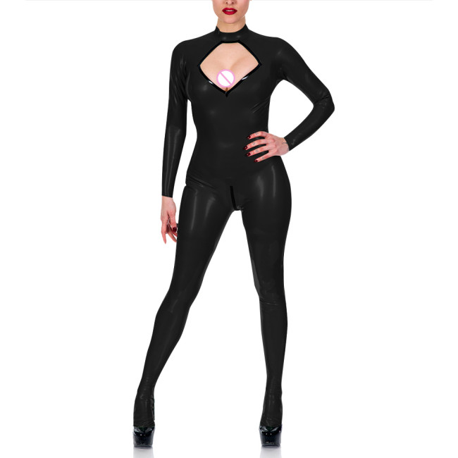 Exotic Chest Hollow Catsuit Cosplay Sexy Costume Spandex PVC Leather Jumpsuit Women Long Sleeve Open Crotch Overalls Fetish Wear