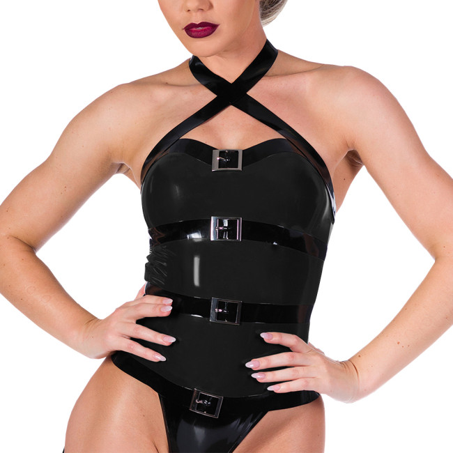 Women Fashion Cross Strap Halter Tops Novelty Patchwork Sleeveless PVC Leather Sexy Tanks Party Club Stage Apparel Sexy Camis