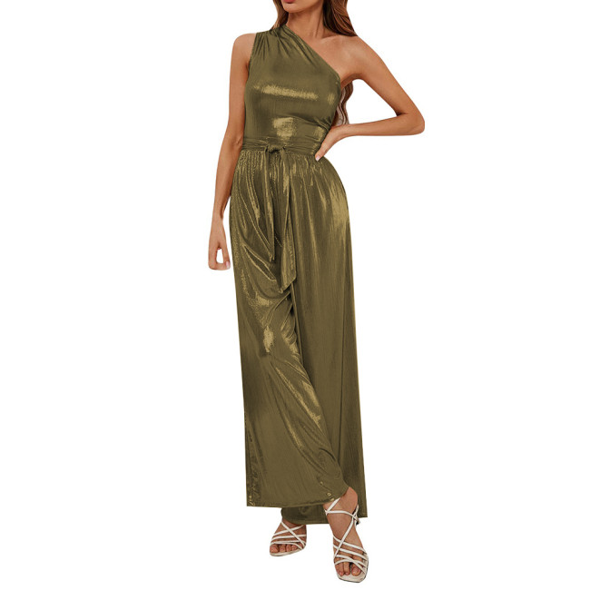 Fashion Ladies One Shoulder Jumpsuit for Women Metallic Shiny Wide Leg Long Pants Romper High Street Overalls Club Party Outfits