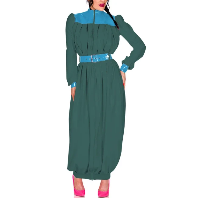 Elegant Retro Pleat Maxi Dress Exotic Loose Lantern Long Women Dress Wetlook Clothes Party Waistband Mock Neck Maresha Dresses