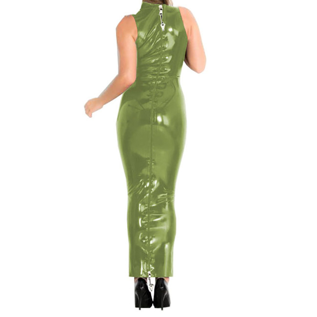 Lockable Zipper Sexy Dress for Women Shiny PVC Leather Bodycon Hobble Maxi Dress Party Faux Latex Sissy Sleeveless Summer Dress