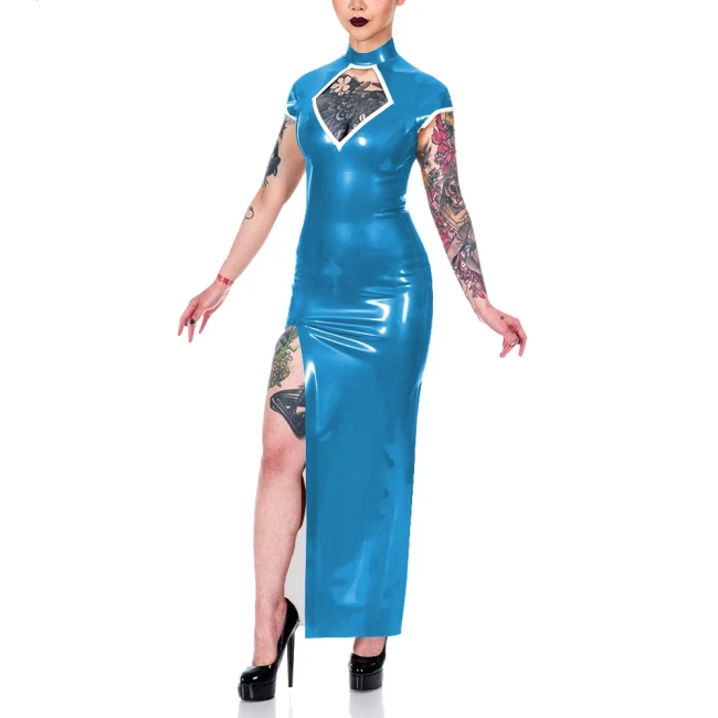 Elegance Short Sleeve Summer Dress Shiny PVC Leather Mock Neck Front Slit Sexy Dress Faux Leather Women Maxi Dress Party Vestido