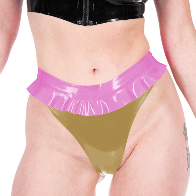 Women Sexy Thongs Fashion Patchwork Ruched Hems Lingerie Shiny PVC Leather Underwear Ravely Party Stage Pole Dance Panties 7XL