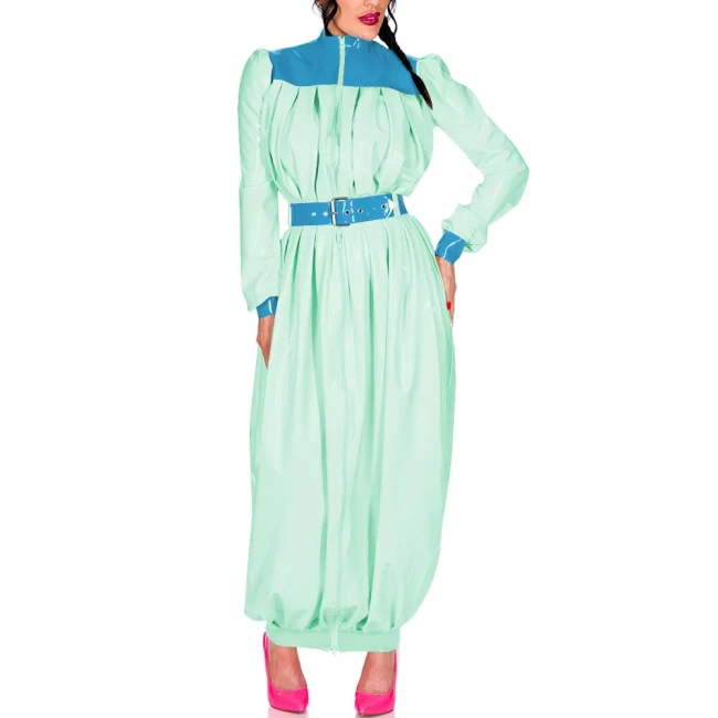 Elegant Retro Pleat Maxi Dress Exotic Loose Lantern Long Women Dress Wetlook Clothes Party Waistband Mock Neck Maresha Dresses