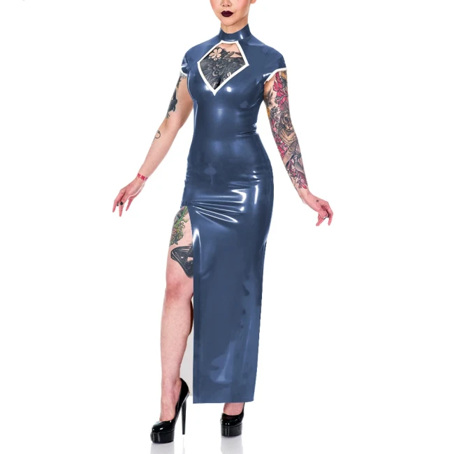 Elegance Short Sleeve Summer Dress Shiny PVC Leather Mock Neck Front Slit Sexy Dress Faux Leather Women Maxi Dress Party Vestido