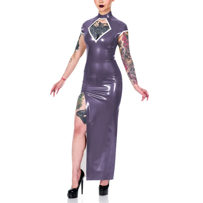 Elegance Short Sleeve Summer Dress Shiny PVC Leather Mock Neck Front Slit Sexy Dress Faux Leather Women Maxi Dress Party Vestido