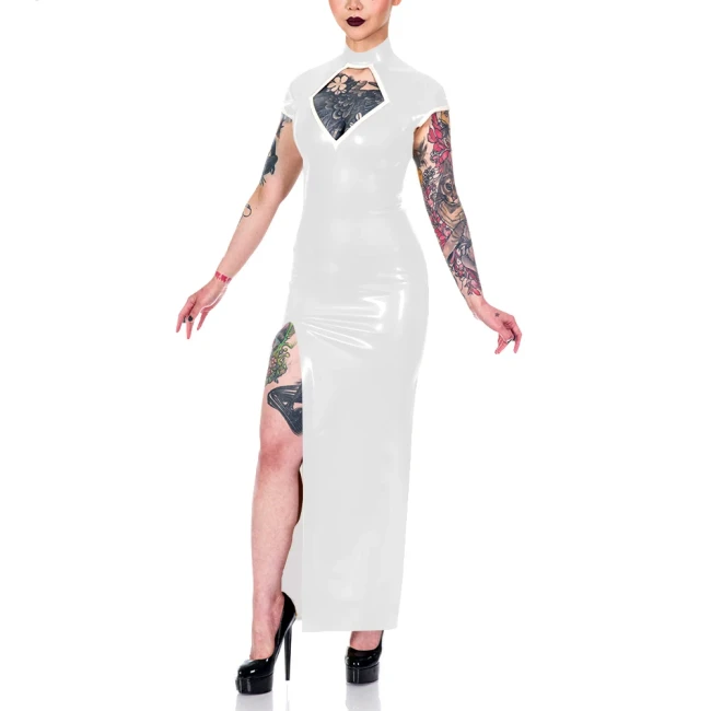 Elegance Short Sleeve Summer Dress Shiny PVC Leather Mock Neck Front Slit Sexy Dress Faux Leather Women Maxi Dress Party Vestido