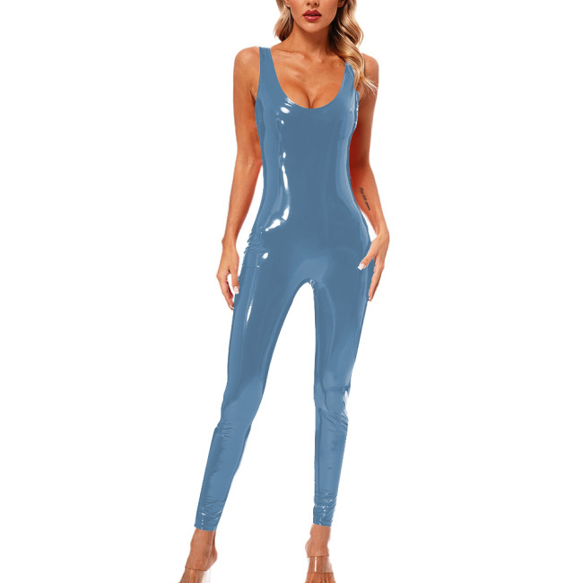 Sexy Ladies Jumpsuit Wetlook Patent Leather Sleeveless Rompers Women Party Candy Color Skinny Trousers Catsuit Cosplay Bodysuit
