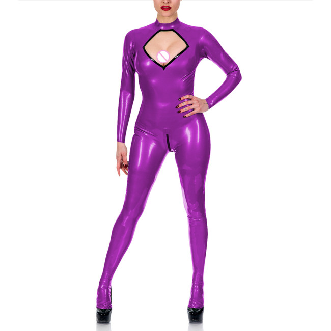 Exotic Chest Hollow Catsuit Cosplay Sexy Costume Spandex PVC Leather Jumpsuit Women Long Sleeve Open Crotch Overalls Fetish Wear