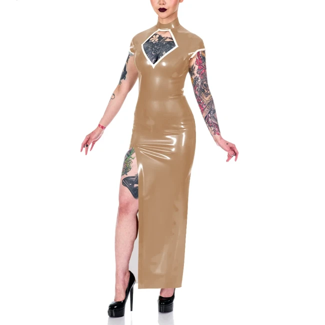 Elegance Short Sleeve Summer Dress Shiny PVC Leather Mock Neck Front Slit Sexy Dress Faux Leather Women Maxi Dress Party Vestido