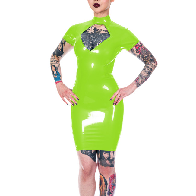 Women Mock Neck Sheath Mini Dress Keyhole Bust PVC Faux Leather Sexy Bodycon Dress Short Sleeved Female Wetlook Club Vestidos