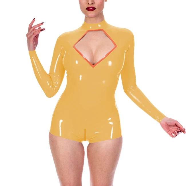 Fetish Lingerie Sexy Bodysuits Shiny PVC Leather Chest Hollow Mock Neck Bodycon Bodysuit Party Pole Dancing Open Crotch Rompers