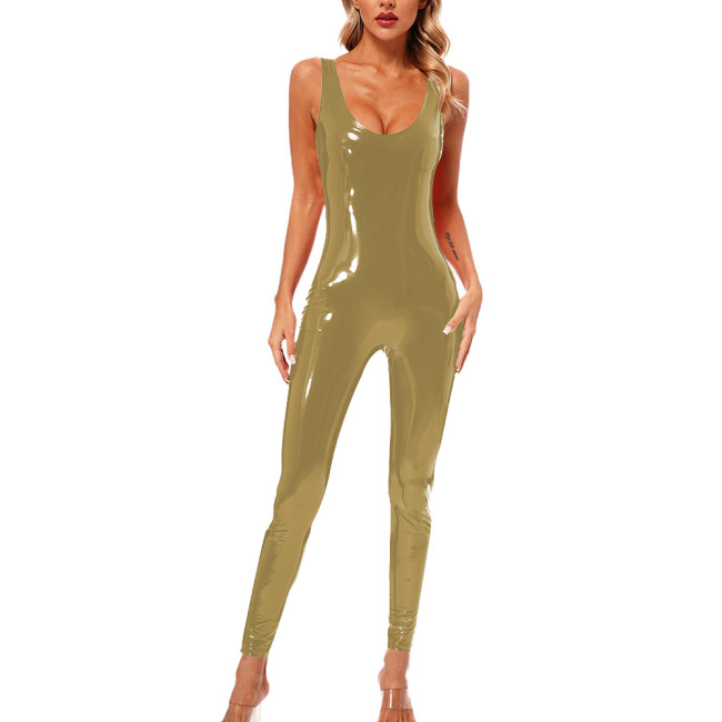 Sexy Ladies Jumpsuit Wetlook Patent Leather Sleeveless Rompers Women Party Candy Color Skinny Trousers Catsuit Cosplay Bodysuit