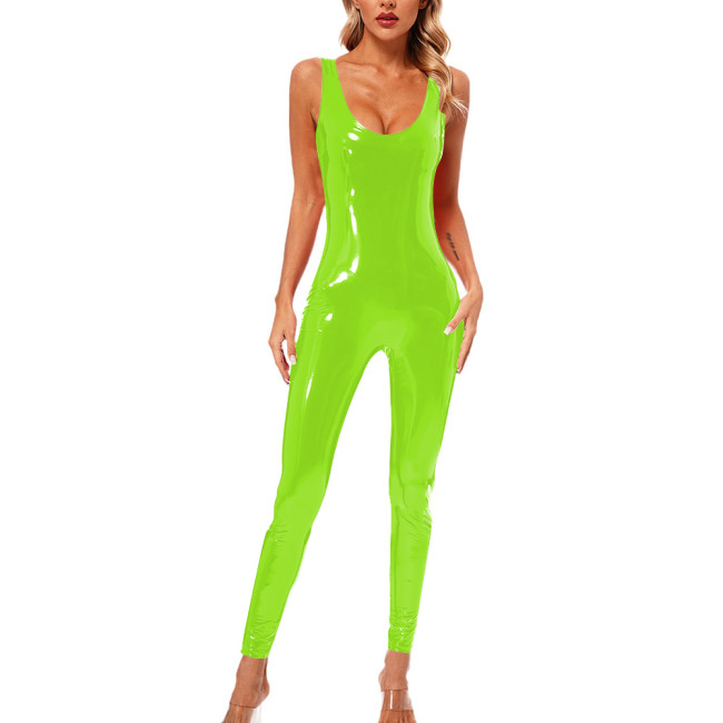 Sexy Ladies Jumpsuit Wetlook Patent Leather Sleeveless Rompers Women Party Candy Color Skinny Trousers Catsuit Cosplay Bodysuit