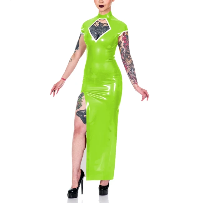 Elegance Short Sleeve Summer Dress Shiny PVC Leather Mock Neck Front Slit Sexy Dress Faux Leather Women Maxi Dress Party Vestido