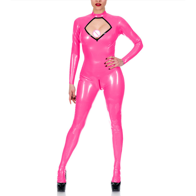 Exotic Chest Hollow Catsuit Cosplay Sexy Costume Spandex PVC Leather Jumpsuit Women Long Sleeve Open Crotch Overalls Fetish Wear