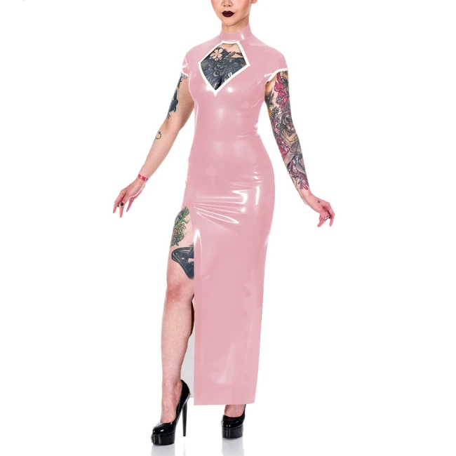 Elegance Short Sleeve Summer Dress Shiny PVC Leather Mock Neck Front Slit Sexy Dress Faux Leather Women Maxi Dress Party Vestido