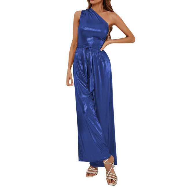 Fashion Ladies One Shoulder Jumpsuit for Women Metallic Shiny Wide Leg Long Pants Romper High Street Overalls Club Party Outfits