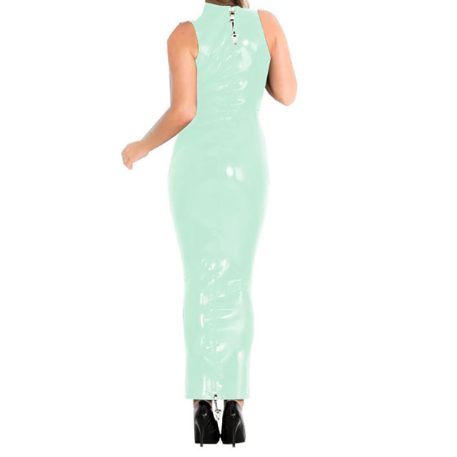 Lockable Zipper Sexy Dress for Women Shiny PVC Leather Bodycon Hobble Maxi Dress Party Faux Latex Sissy Sleeveless Summer Dress