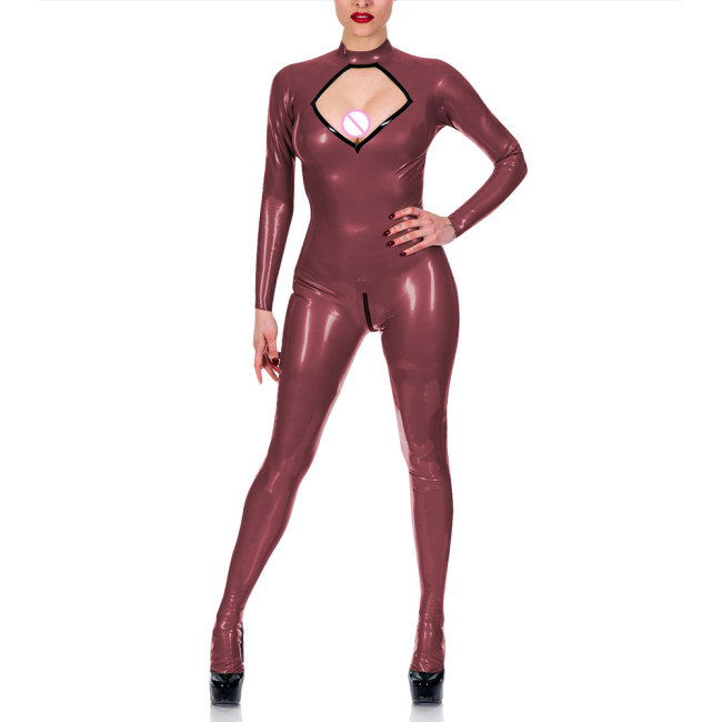 Exotic Chest Hollow Catsuit Cosplay Sexy Costume Spandex PVC Leather Jumpsuit Women Long Sleeve Open Crotch Overalls Fetish Wear