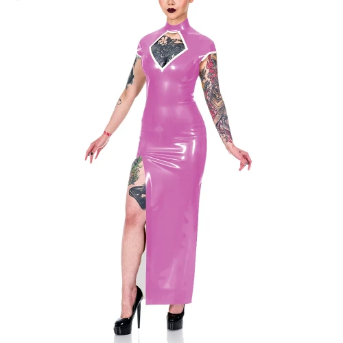 Elegance Short Sleeve Summer Dress Shiny PVC Leather Mock Neck Front Slit Sexy Dress Faux Leather Women Maxi Dress Party Vestido