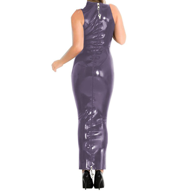 Lockable Zipper Sexy Dress for Women Shiny PVC Leather Bodycon Hobble Maxi Dress Party Faux Latex Sissy Sleeveless Summer Dress
