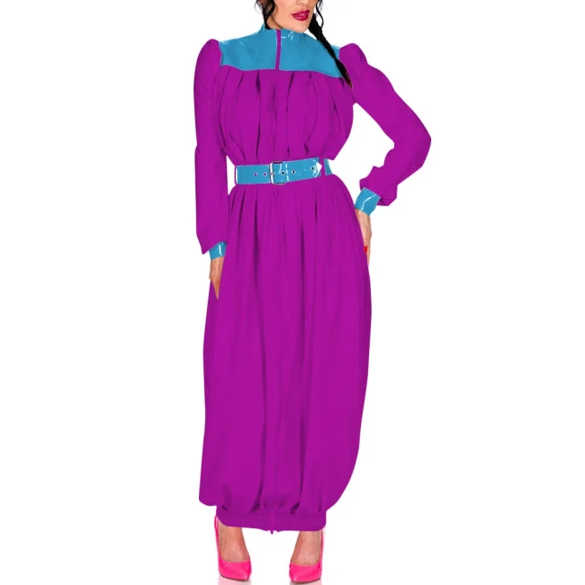 Elegant Retro Pleat Maxi Dress Exotic Loose Lantern Long Women Dress Wetlook Clothes Party Waistband Mock Neck Maresha Dresses
