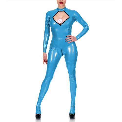 Exotic Chest Hollow Catsuit Cosplay Sexy Costume Spandex PVC Leather Jumpsuit Women Long Sleeve Open Crotch Overalls Fetish Wear
