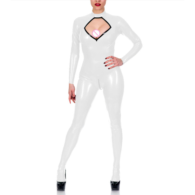 Exotic Chest Hollow Catsuit Cosplay Sexy Costume Spandex PVC Leather Jumpsuit Women Long Sleeve Open Crotch Overalls Fetish Wear
