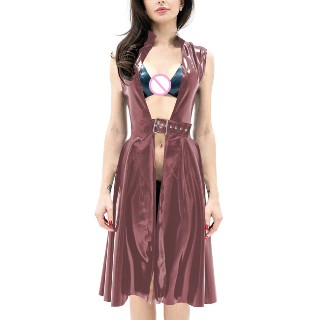 Novelty Adjustable Belt Midi Dress for Unisex Adult Stand Collar Sleeveless A-line Pleated Mistress Sexy Open Bust Exotic Attire