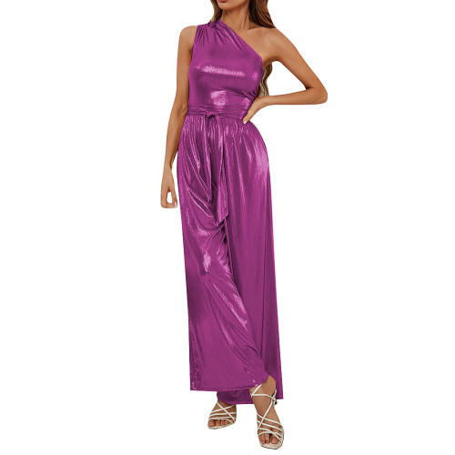 Fashion Ladies One Shoulder Jumpsuit for Women Metallic Shiny Wide Leg Long Pants Romper High Street Overalls Club Party Outfits