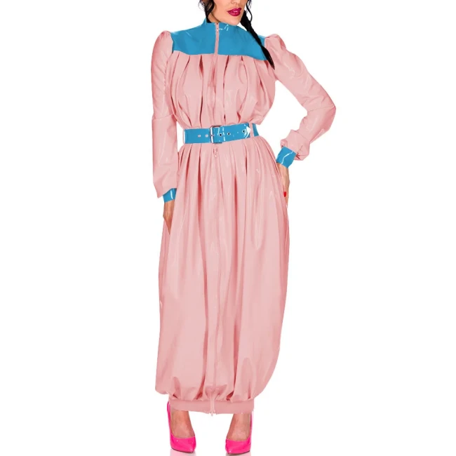 Elegant Retro Pleat Maxi Dress Exotic Loose Lantern Long Women Dress Wetlook Clothes Party Waistband Mock Neck Maresha Dresses