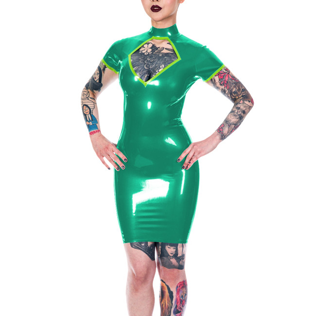 Women Mock Neck Sheath Mini Dress Keyhole Bust PVC Faux Leather Sexy Bodycon Dress Short Sleeved Female Wetlook Club Vestidos