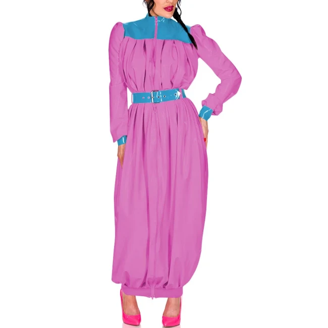 Elegant Retro Pleat Maxi Dress Exotic Loose Lantern Long Women Dress Wetlook Clothes Party Waistband Mock Neck Maresha Dresses
