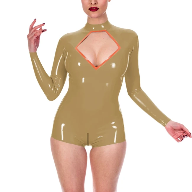 Fetish Lingerie Sexy Bodysuits Shiny PVC Leather Chest Hollow Mock Neck Bodycon Bodysuit Party Pole Dancing Open Crotch Rompers