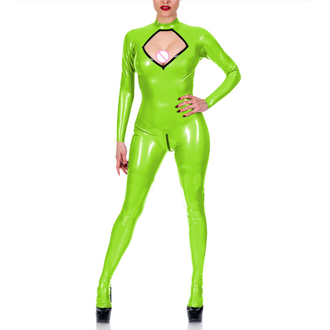 Exotic Chest Hollow Catsuit Cosplay Sexy Costume Spandex PVC Leather Jumpsuit Women Long Sleeve Open Crotch Overalls Fetish Wear