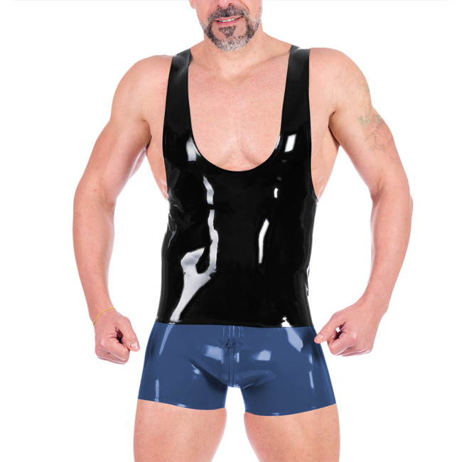 Men Wet Look Patent Leather Short Sets Sexy Lingerie PVC Shiny U-neck Sleeveless Tank Top with Zipper Open Crotch Shorts Clubwer