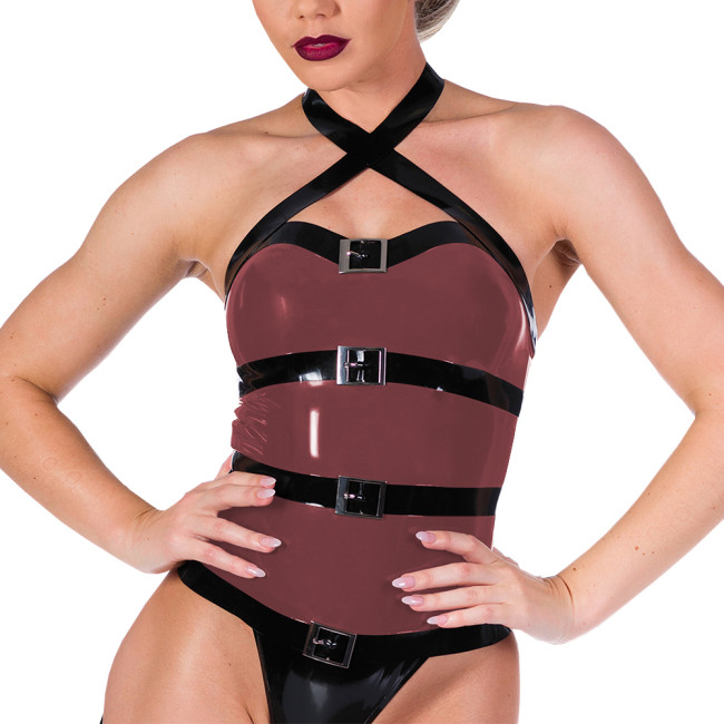 Women Fashion Cross Strap Halter Tops Novelty Patchwork Sleeveless PVC Leather Sexy Tanks Party Club Stage Apparel Sexy Camis