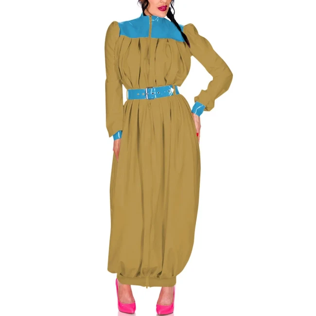 Elegant Retro Pleat Maxi Dress Exotic Loose Lantern Long Women Dress Wetlook Clothes Party Waistband Mock Neck Maresha Dresses