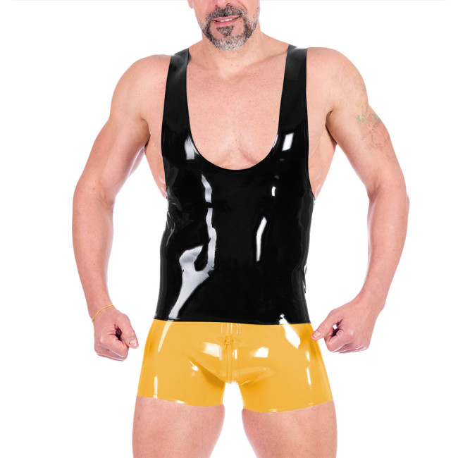 Men Wet Look Patent Leather Short Sets Sexy Lingerie PVC Shiny U-neck Sleeveless Tank Top with Zipper Open Crotch Shorts Clubwer