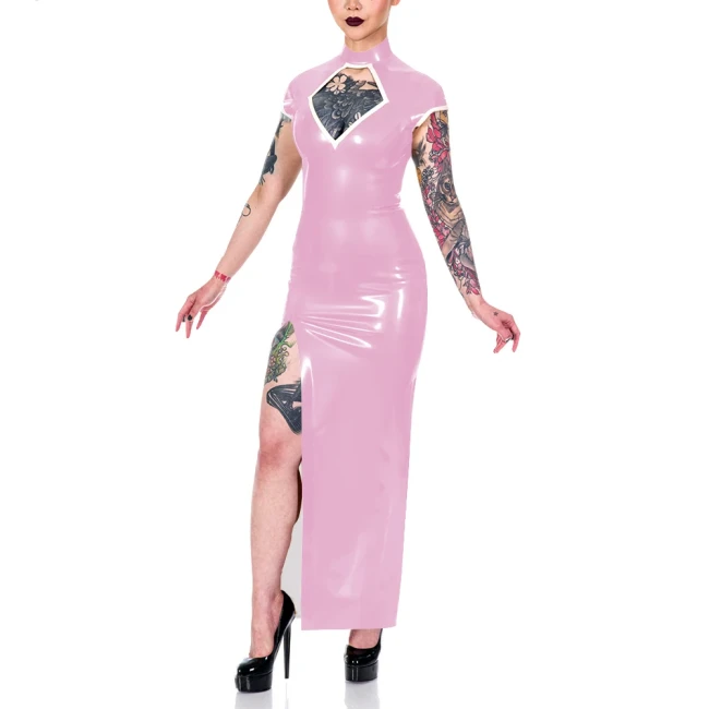 Elegance Short Sleeve Summer Dress Shiny PVC Leather Mock Neck Front Slit Sexy Dress Faux Leather Women Maxi Dress Party Vestido