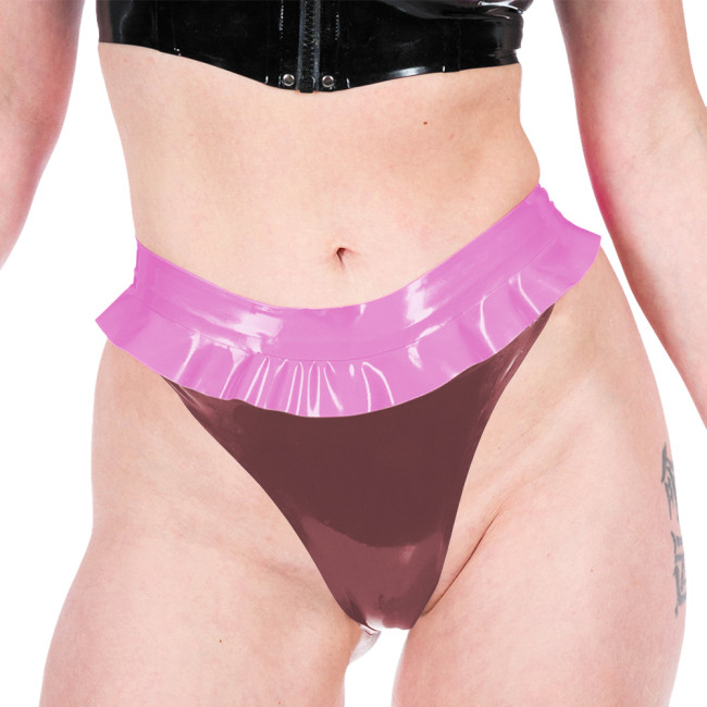 Women Sexy Thongs Fashion Patchwork Ruched Hems Lingerie Shiny PVC Leather Underwear Ravely Party Stage Pole Dance Panties 7XL