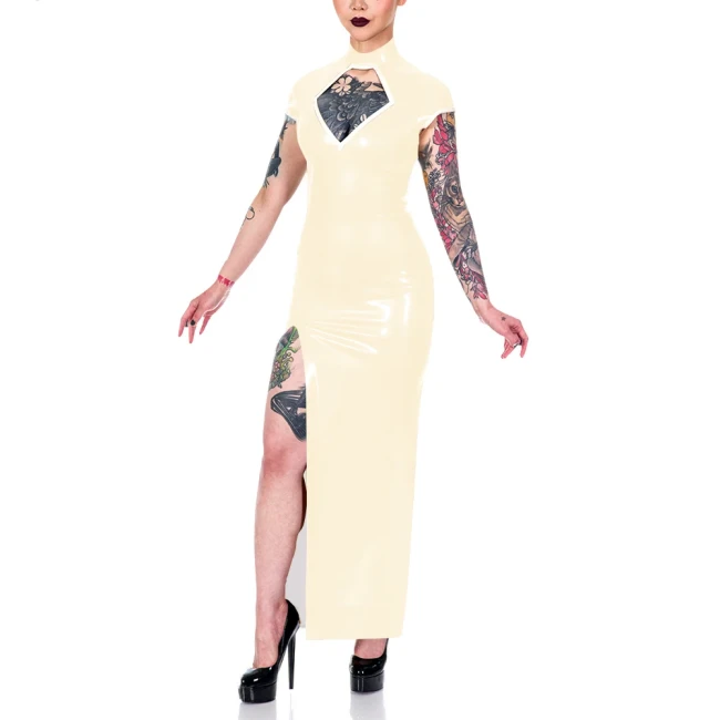 Elegance Short Sleeve Summer Dress Shiny PVC Leather Mock Neck Front Slit Sexy Dress Faux Leather Women Maxi Dress Party Vestido