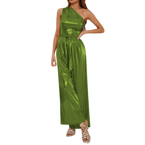 Fashion Ladies One Shoulder Jumpsuit for Women Metallic Shiny Wide Leg Long Pants Romper High Street Overalls Club Party Outfits