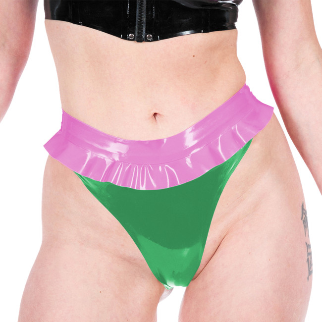 Women Sexy Thongs Fashion Patchwork Ruched Hems Lingerie Shiny PVC Leather Underwear Ravely Party Stage Pole Dance Panties 7XL